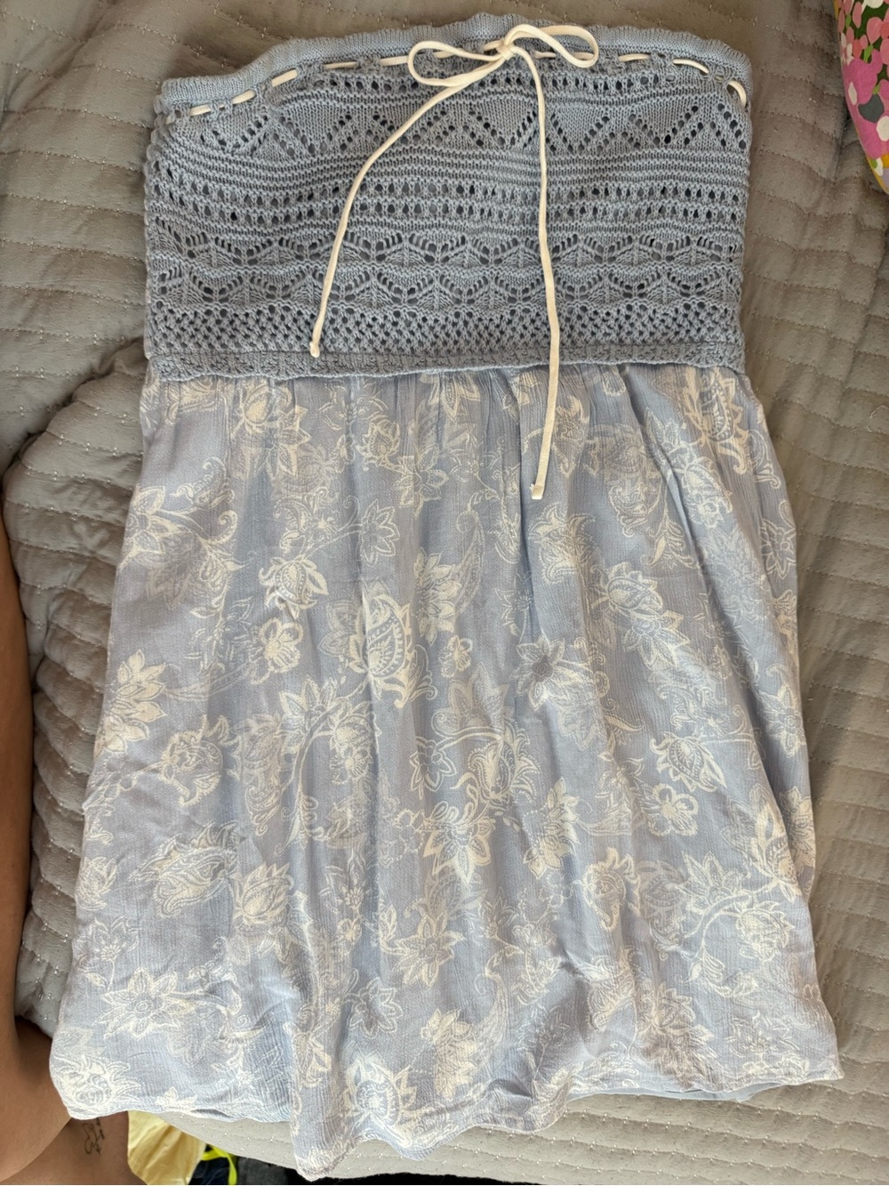Hollister Light Blue Strapless Crochet Bodice Floral Skirt Dress